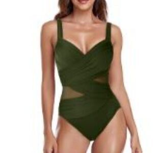 Women's 1 Piece Swimsuit  Wrap Front Cross Backless Bathing Suit- Army Green sm